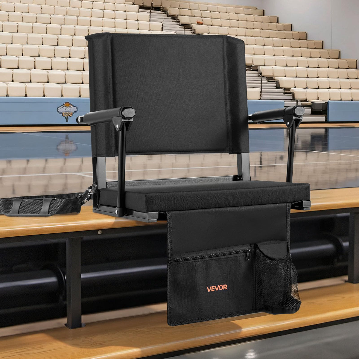 Portable Bleacher Seat with Armrest, Back Support and Cup Holder, Black I4064