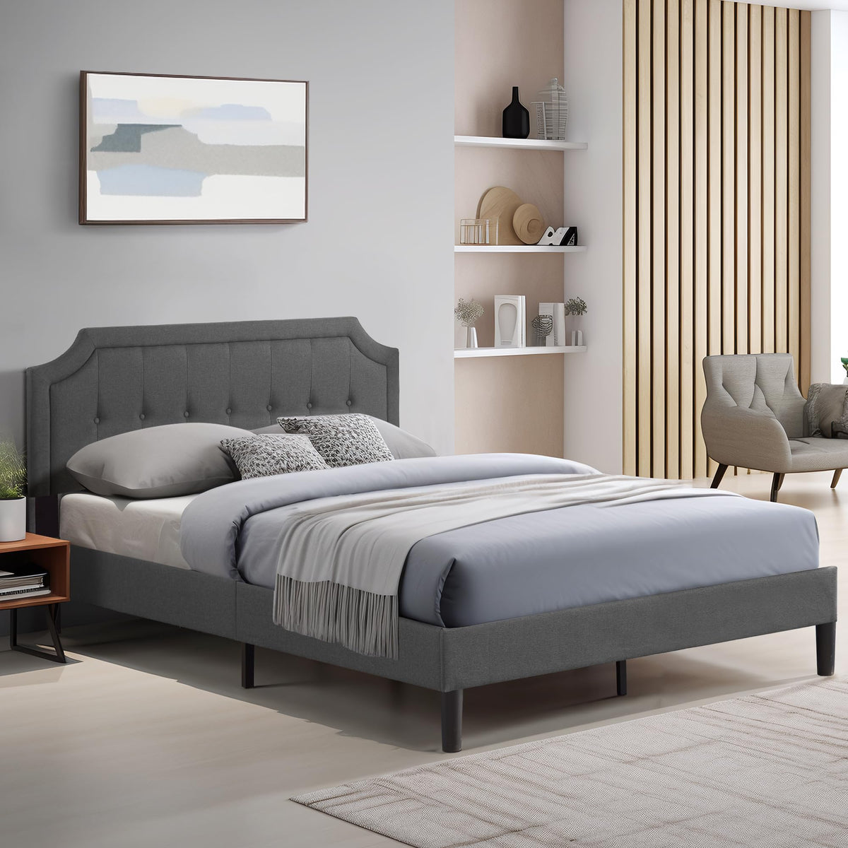 Queen Size Fabric Upholstered Platform Bed Frame with Wooden Slats I504570