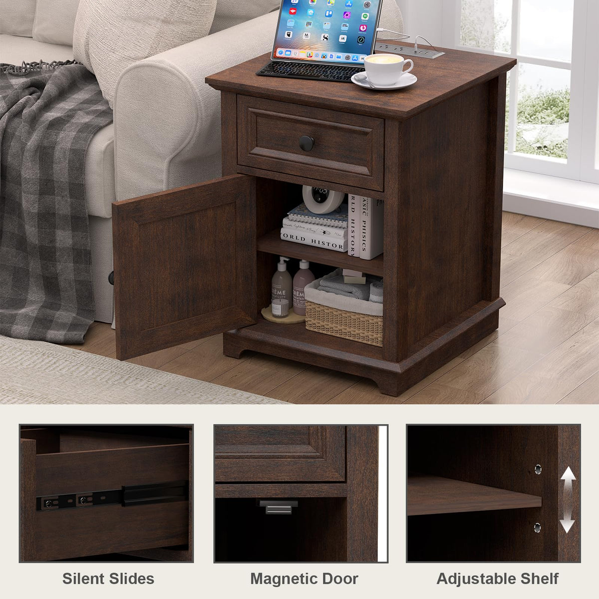 24" Tall End Table with Charging Station, Drawer & Storage Cabinet, Cherry O80450