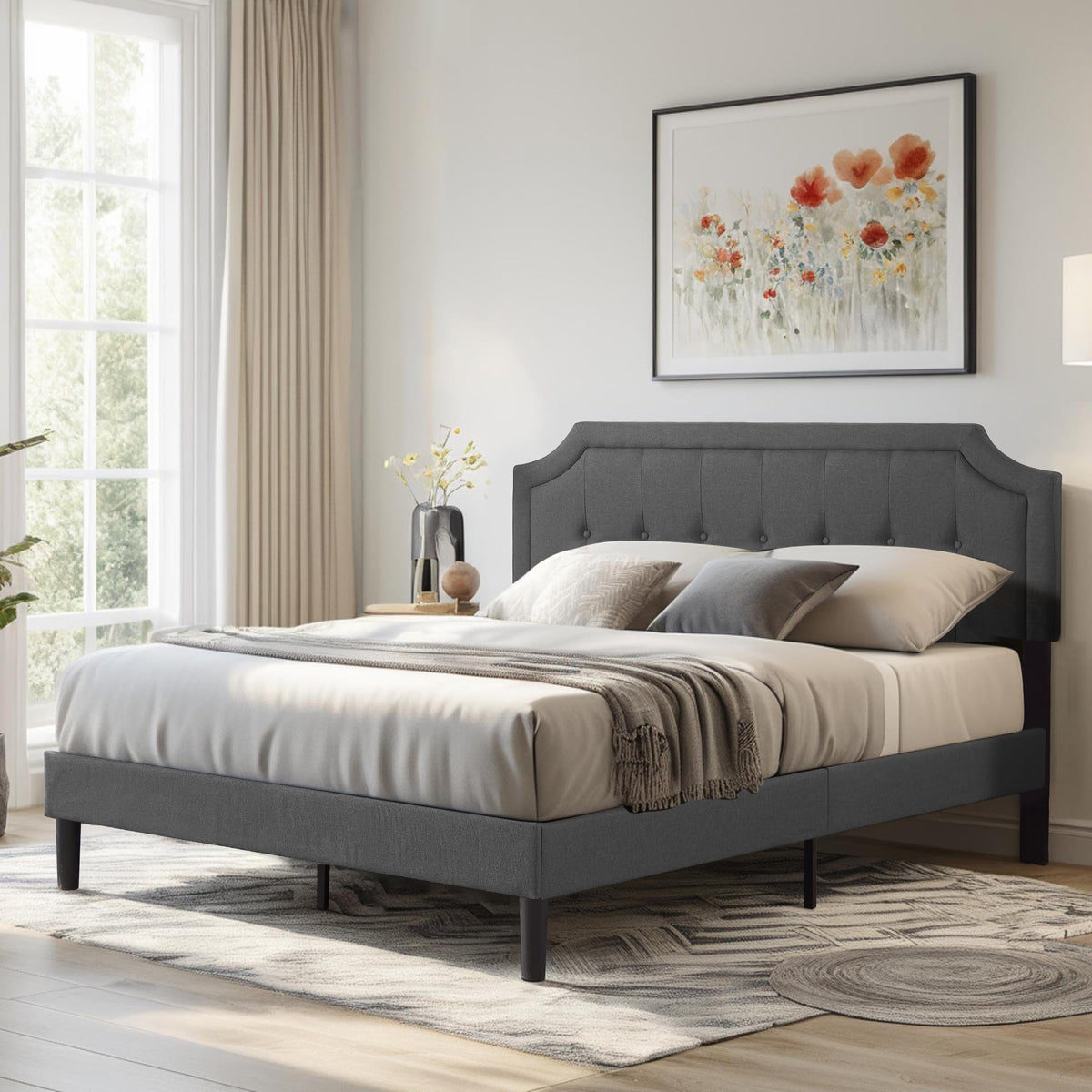 Queen Size Fabric Upholstered Platform Bed Frame with Wooden Slats I504570