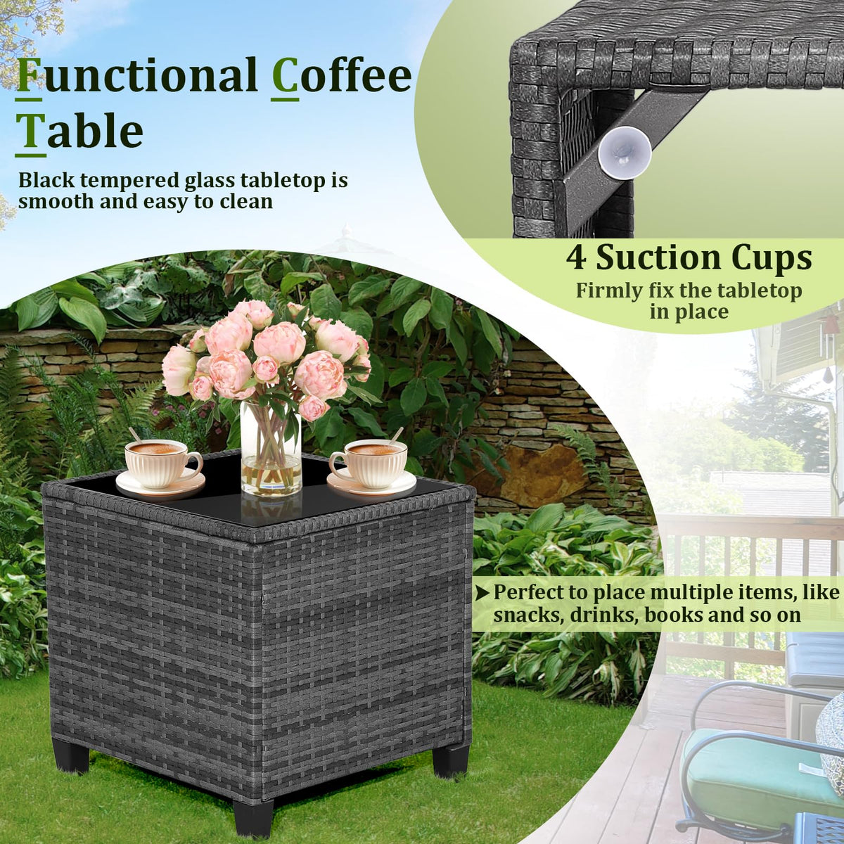3 Piece Wicker Patio Furniture Set with Glass Topped Table Y2078