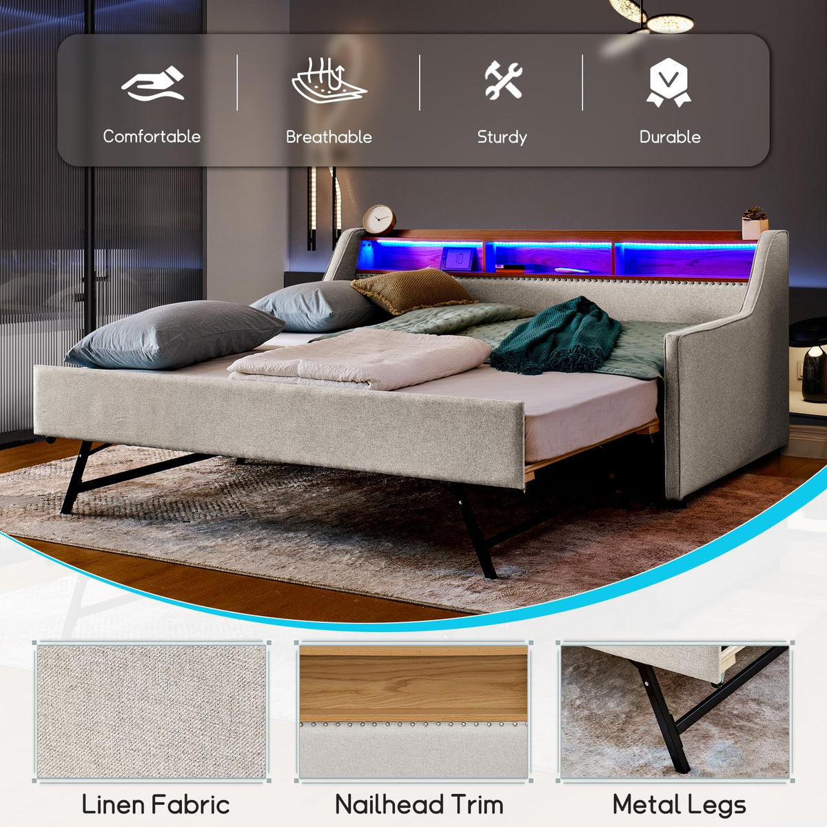 Linen Upholstered Daybed with Pop Up Trundle and USB Charging J43798