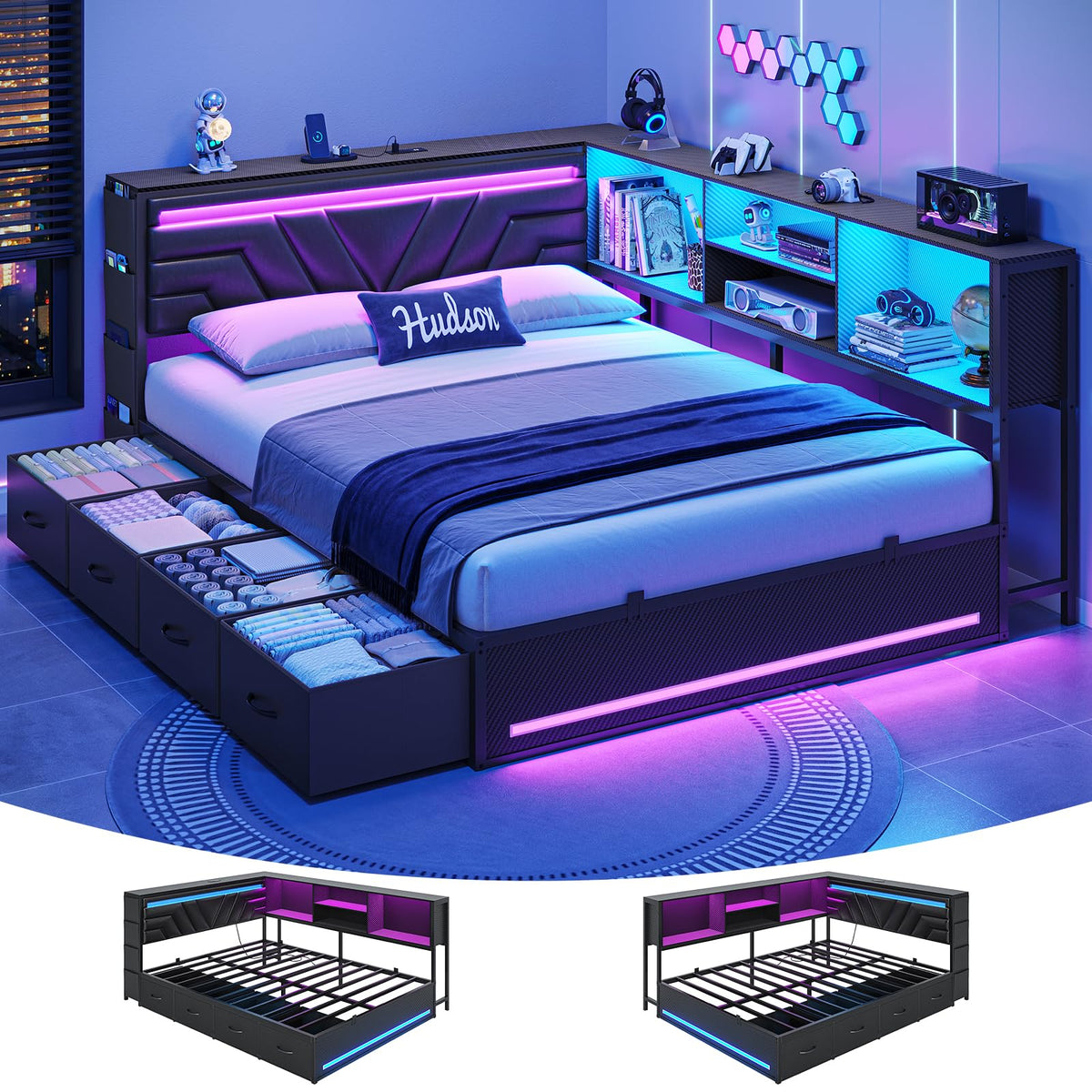Corner Bed Frame with Storage Bookcase and 4 Drawers K389