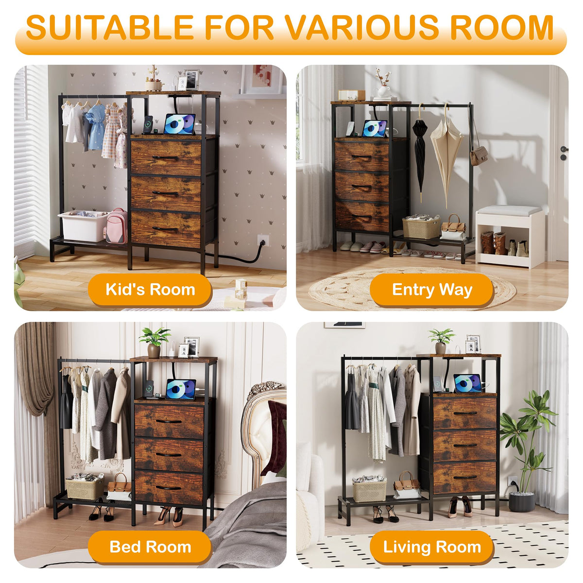 Brown 3 Drawer Fabric Dresser with Hanging Rack S430329