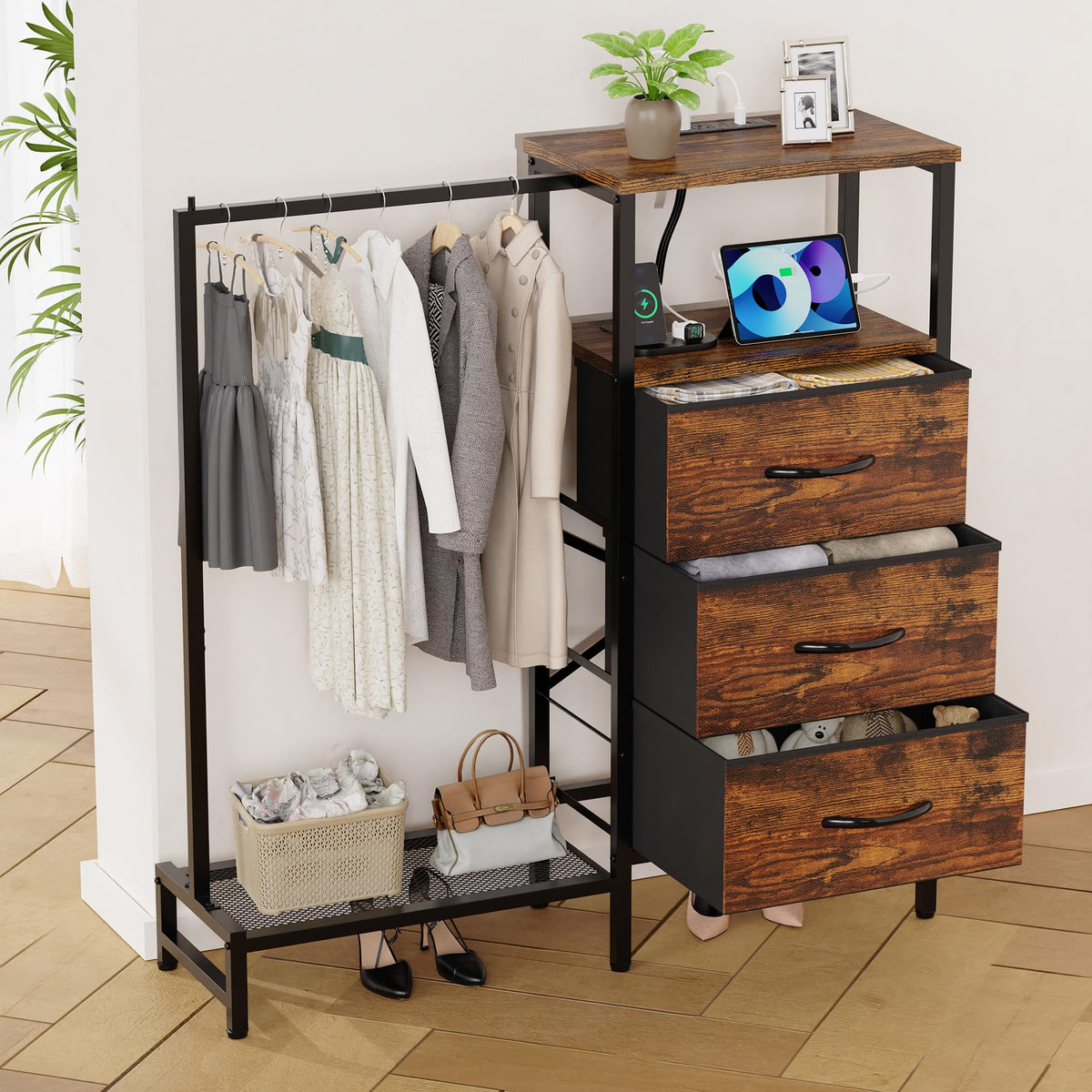 Brown 3 Drawer Fabric Dresser with Hanging Rack S430329