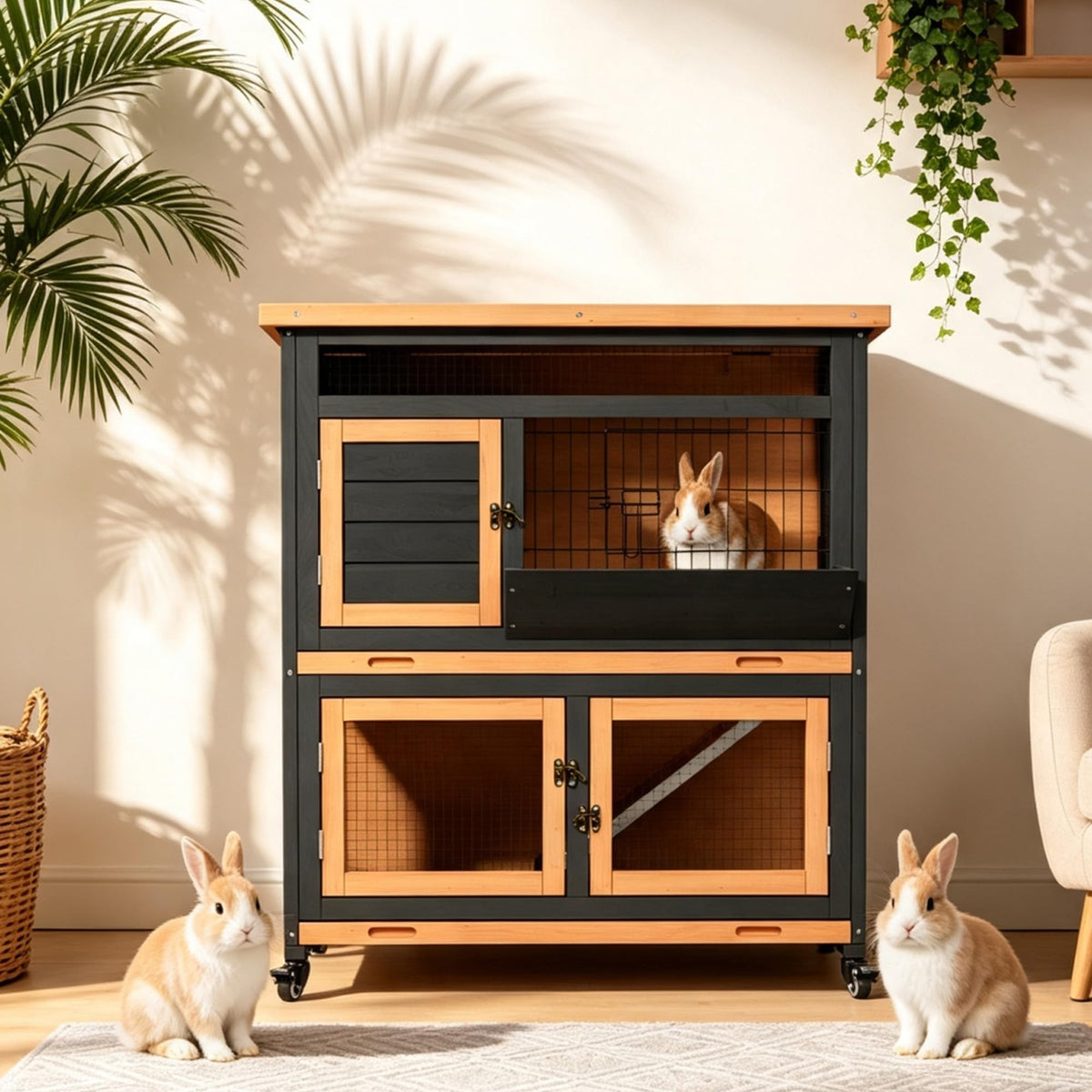 2-Tier Wooden Rabbit Hutch with Wheels N774319