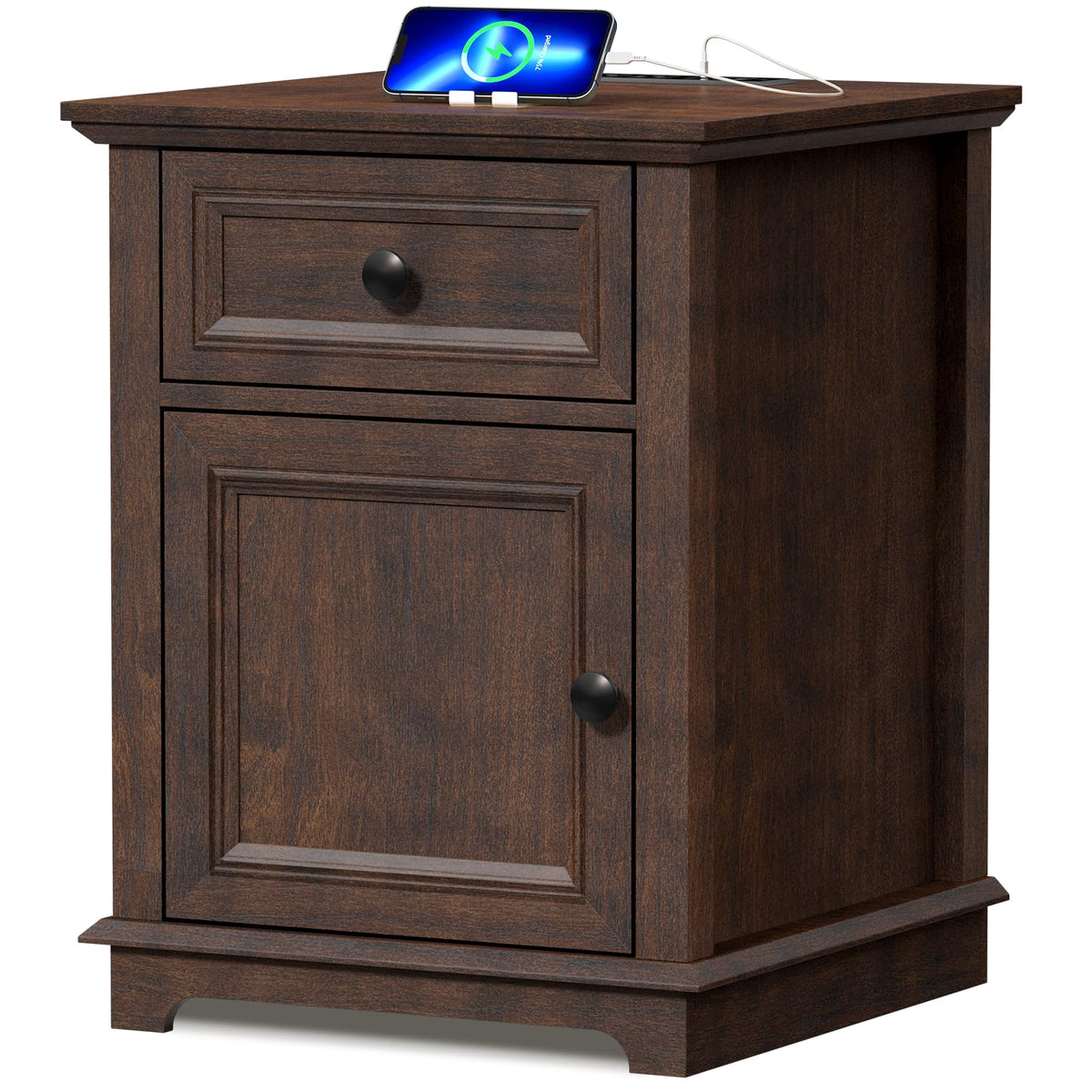 24" Tall End Table with Charging Station, Drawer & Storage Cabinet, Cherry O80450