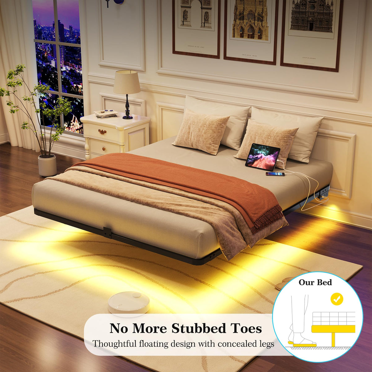 Queen Metal Platform Bed Frame with LED Lights and Charging Station V5996