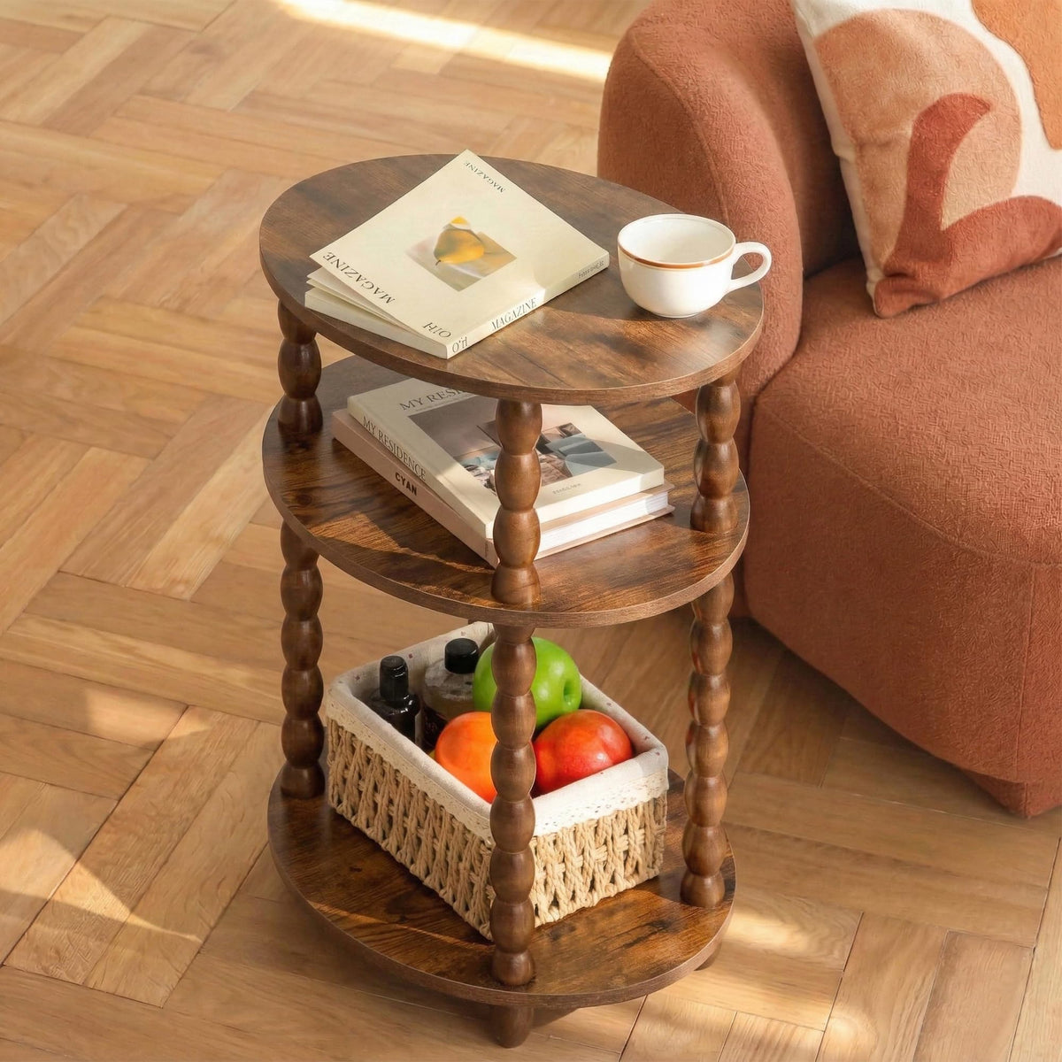 3-Tier Oval Side Table with Solid Wood Spindle Legs G78258