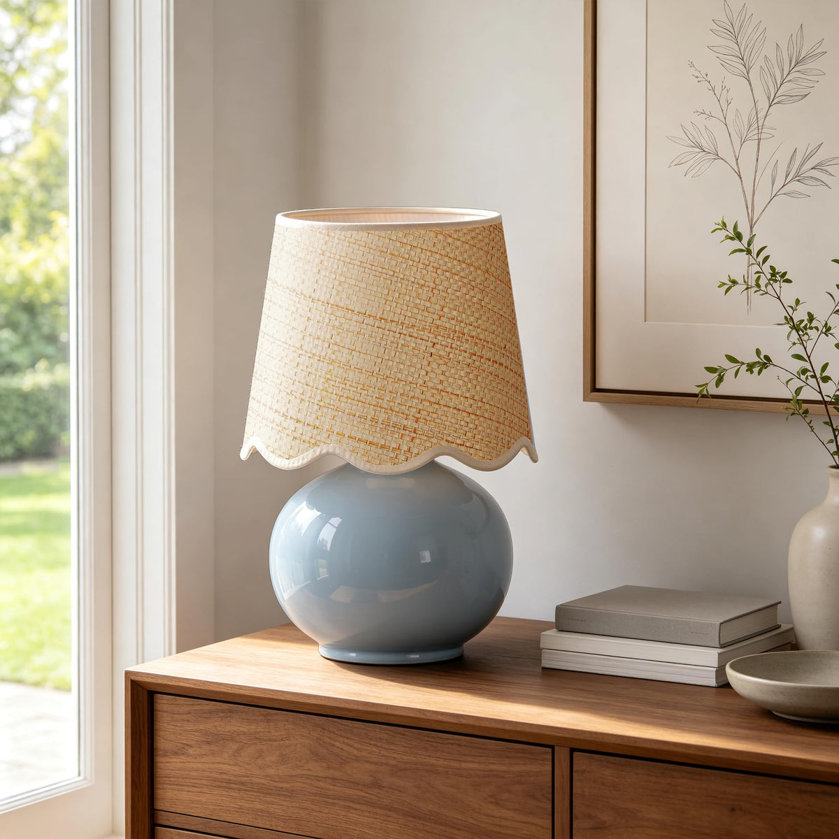 Small Ceramic Table Lamp with Rattan Woven Shade L3134