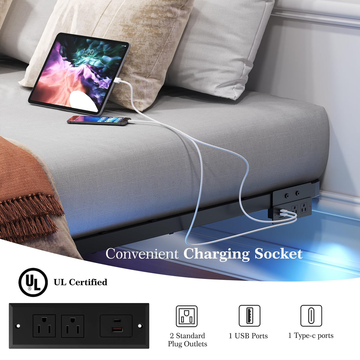 Queen Metal Platform Bed Frame with LED Lights and Charging Station V5996