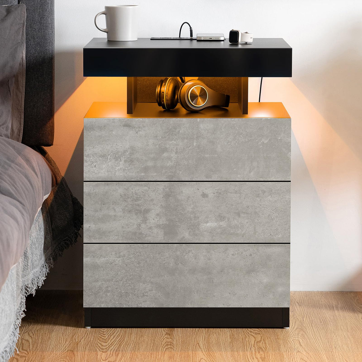 LED Nightstand with Wireless Charging Station & USB Ports, 3 Drawer High Gloss Gray P74019
