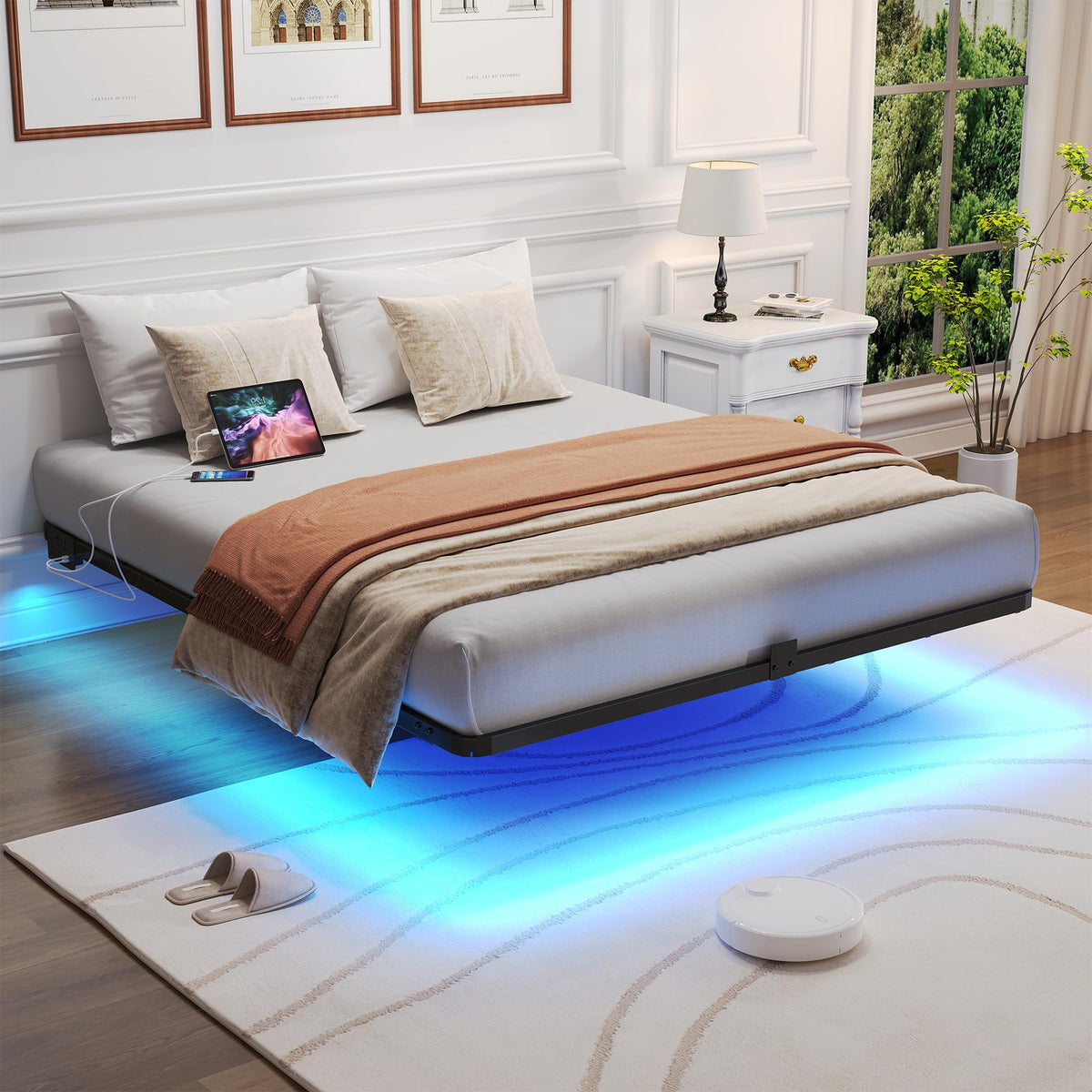 Queen Metal Platform Bed Frame with LED Lights and Charging Station V5996