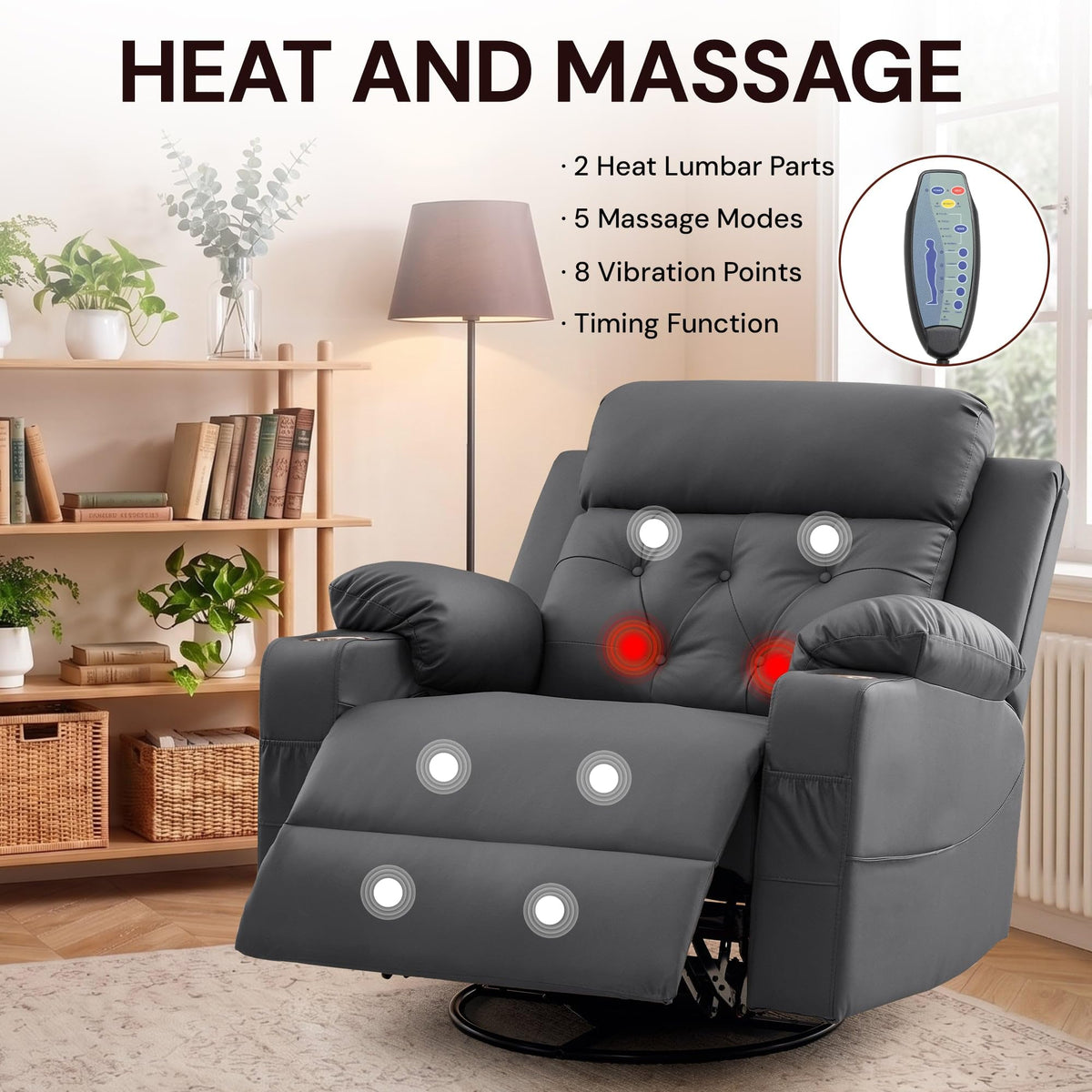 Oversized Swivel Rocker Recliner with Heat and Massage, Faux Leather, Grey A509