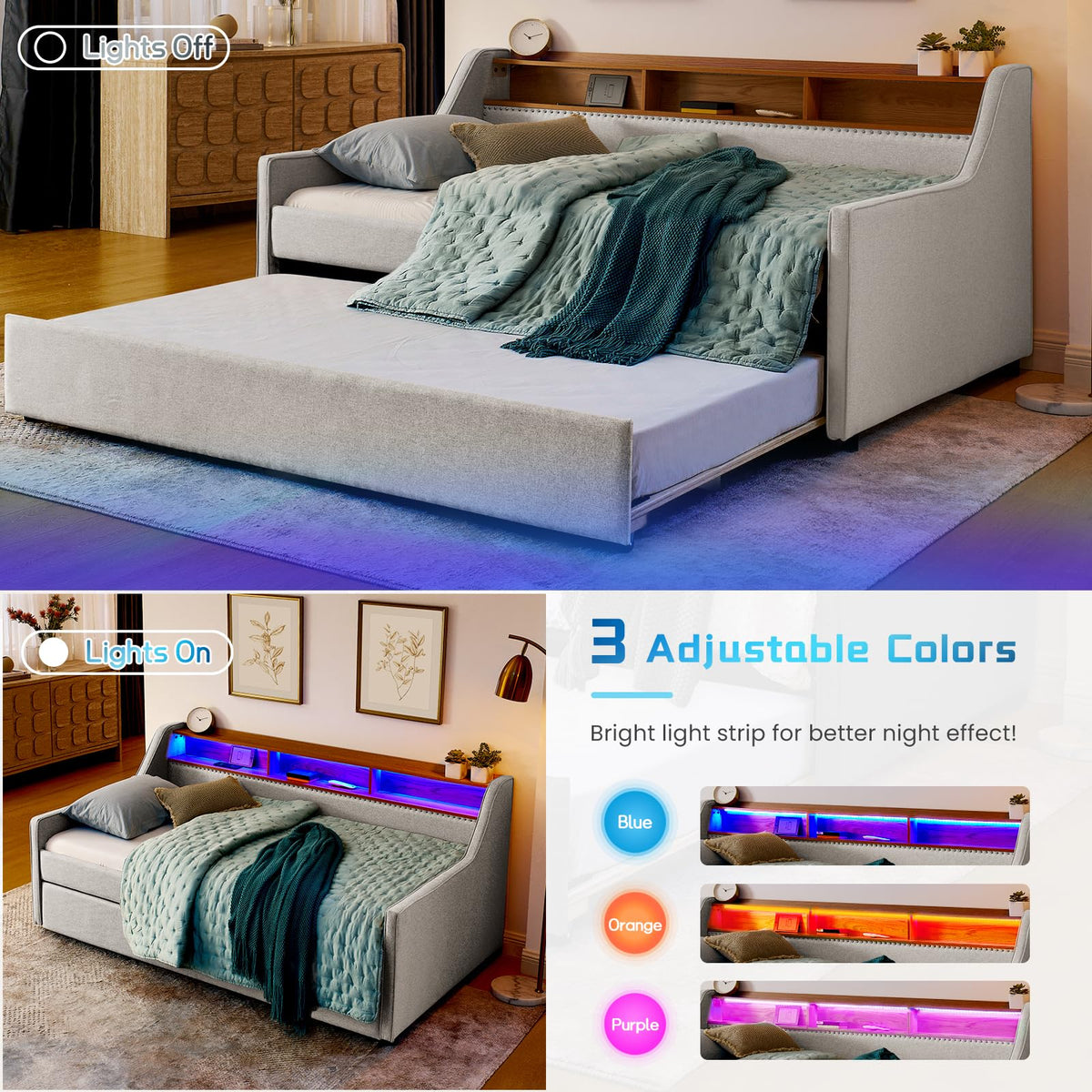 Linen Upholstered Daybed with Pop Up Trundle and USB Charging J43798