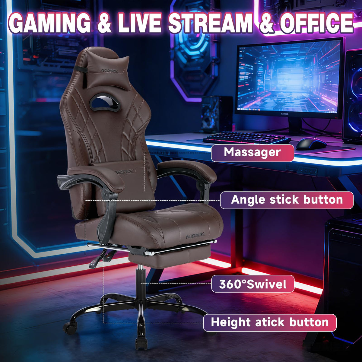 Gaming Chair with Footrest and Massage Lumbar Support H156326
