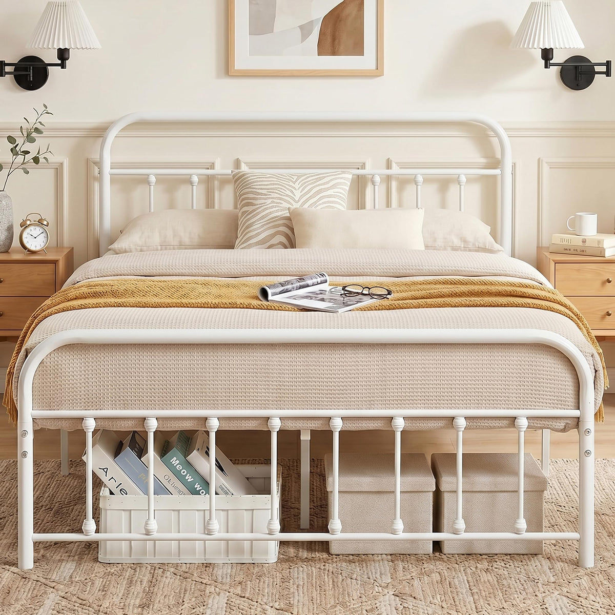 Full Size White Metal Bed Frame with Headboard Y1036