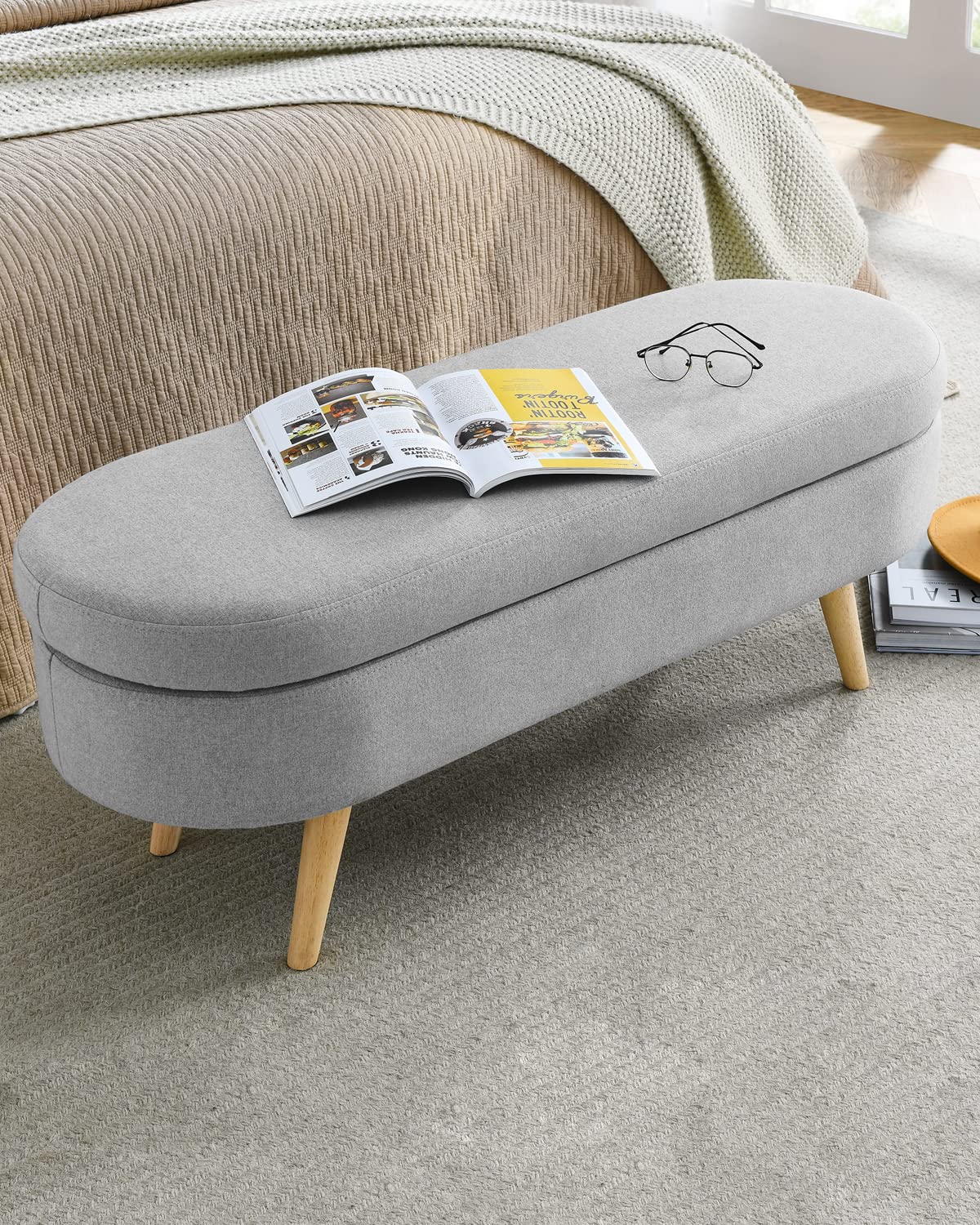 Oval Linen Fabric Upholstered Storage Bench with Solid Wood Legs Q492