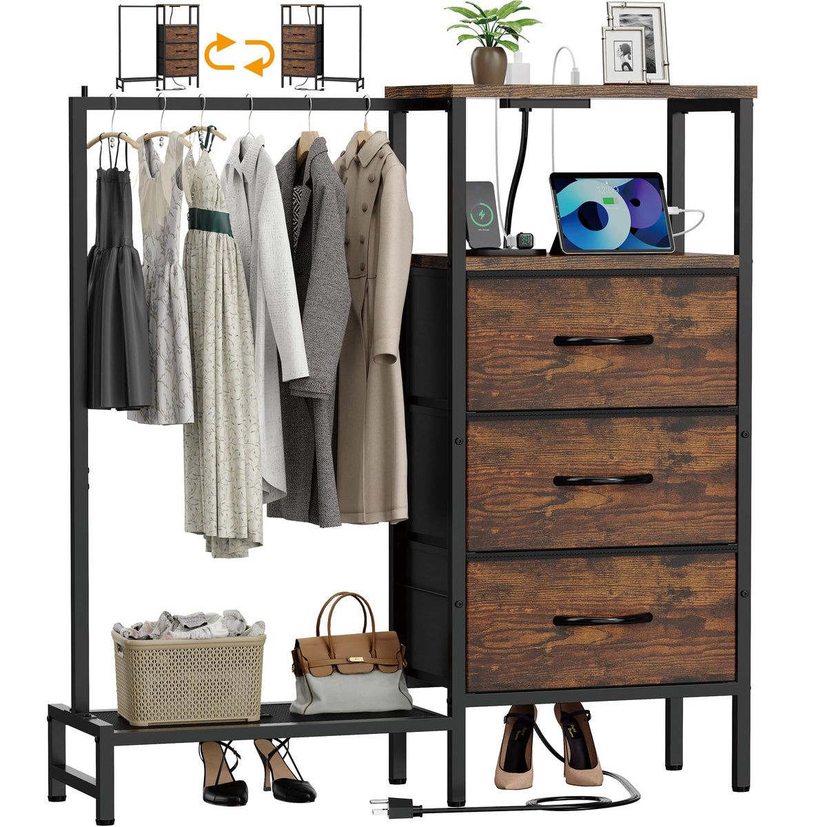 Brown 3 Drawer Fabric Dresser with Hanging Rack S430329