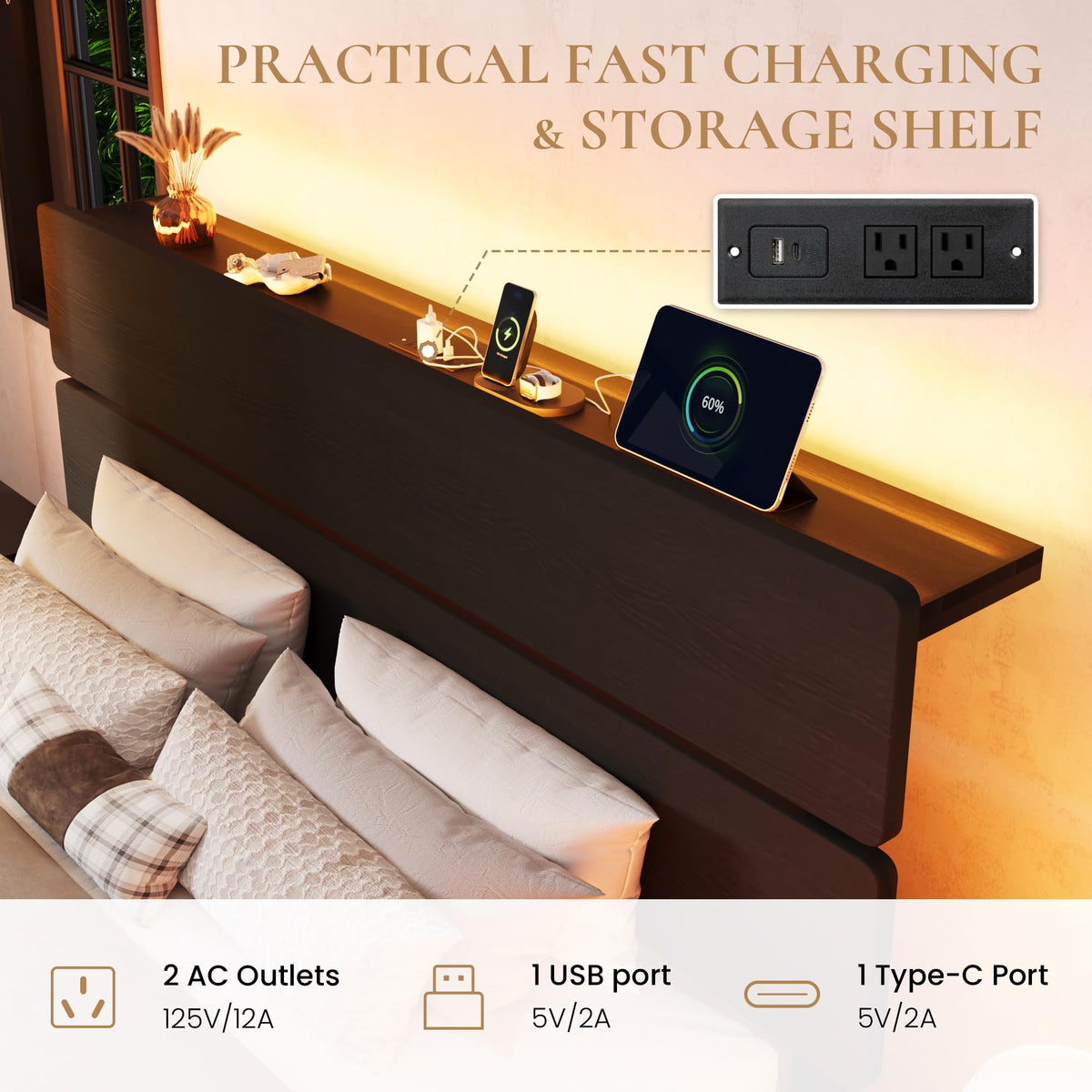 Queen Led Bed Frame with 2 Storage Drawers and Charging Station, Black V899