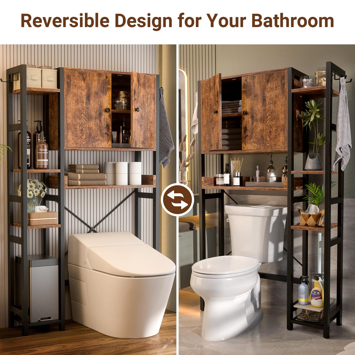 Over The Toilet Storage Cabinet with Doors, 7 Tier Bathroom Organizer with Adjustable Shelf E884019
