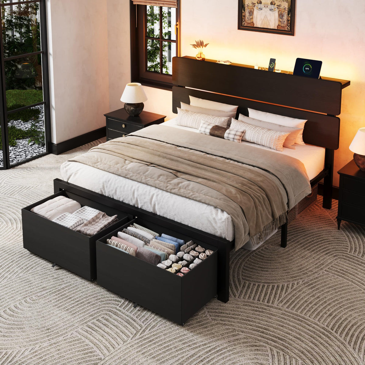 Queen Led Bed Frame with 2 Storage Drawers and Charging Station, Black V899