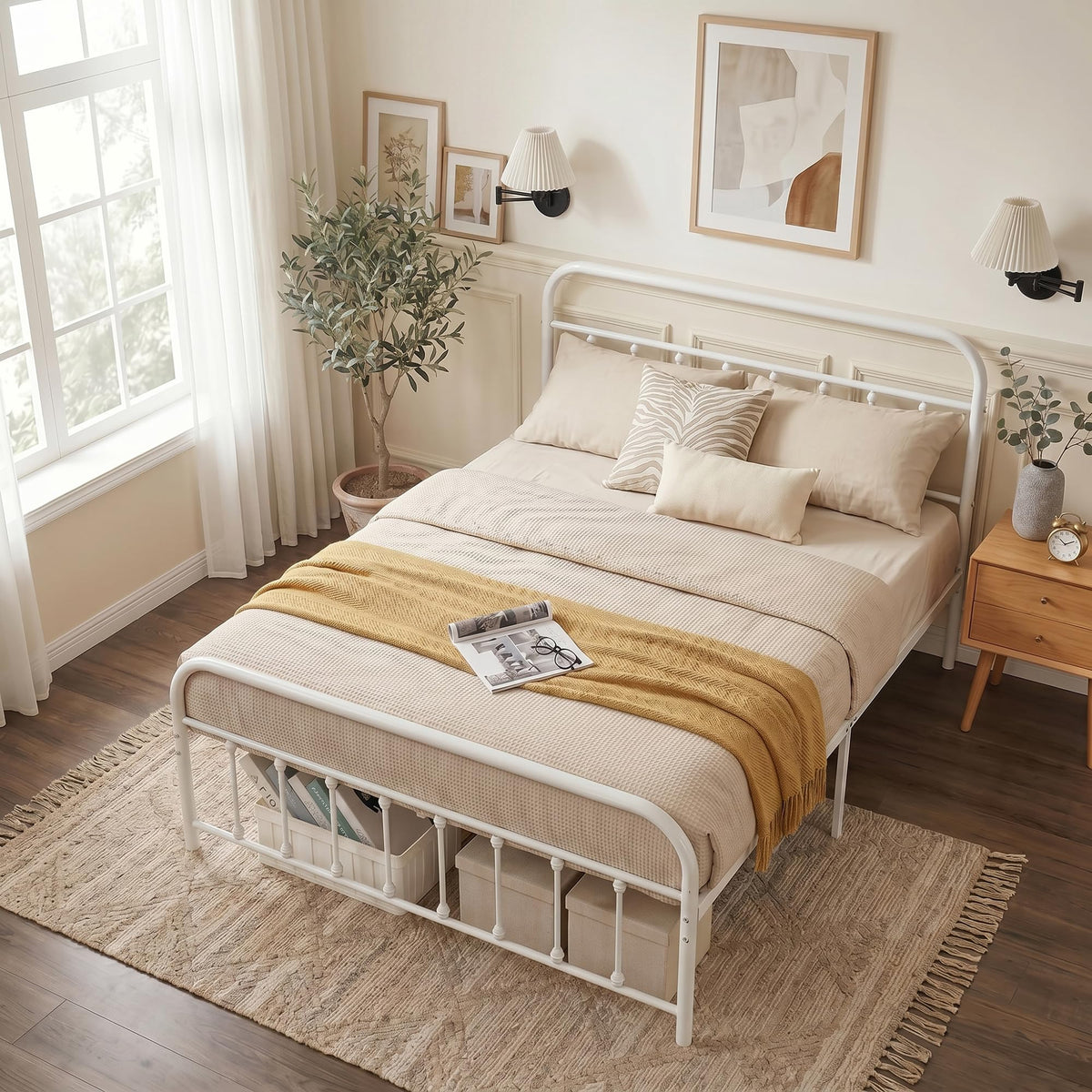 Full Size White Metal Bed Frame with Headboard Y1036