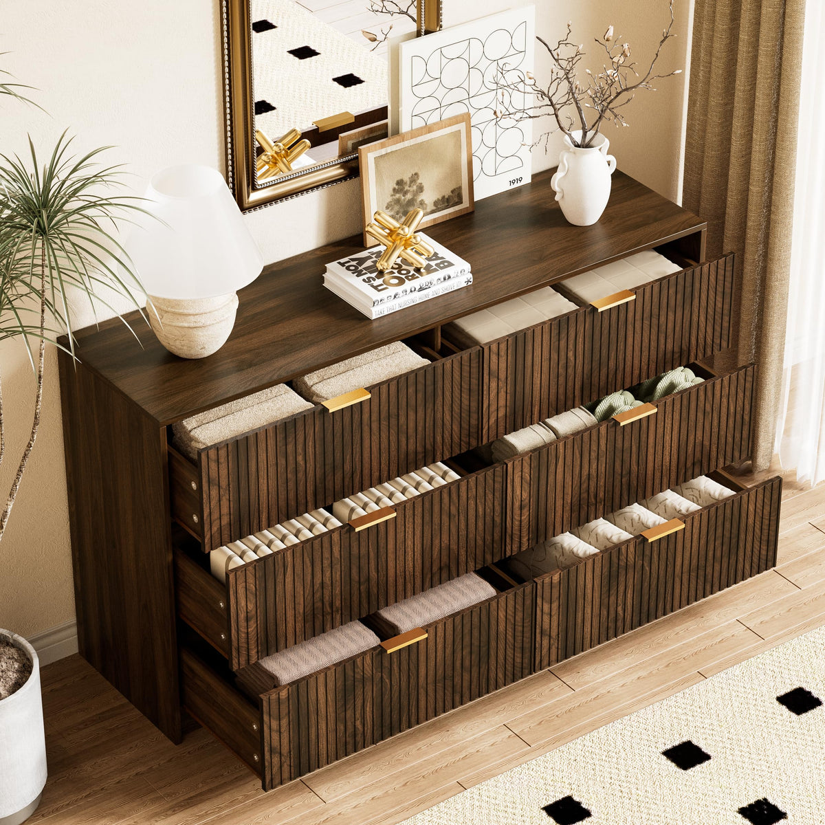 Walnut 6 Drawer Dresser D9550
